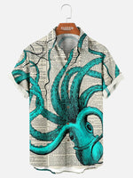 Tall Men's Vintage Newspaper Octopus Short Sleeve Shirt Eleven Oasis