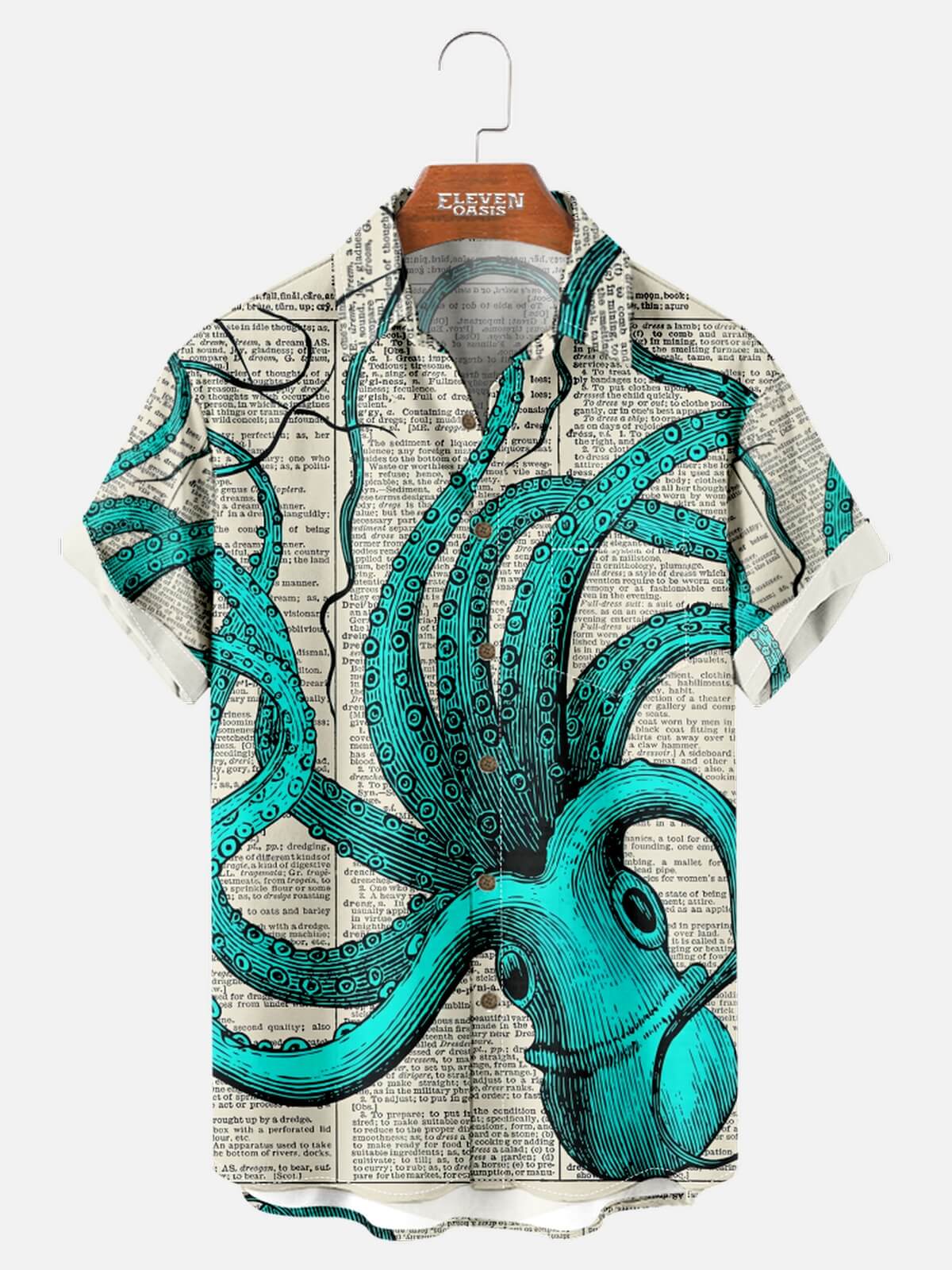 Tall Men's Vintage Newspaper Octopus Short Sleeve Shirt Eleven Oasis