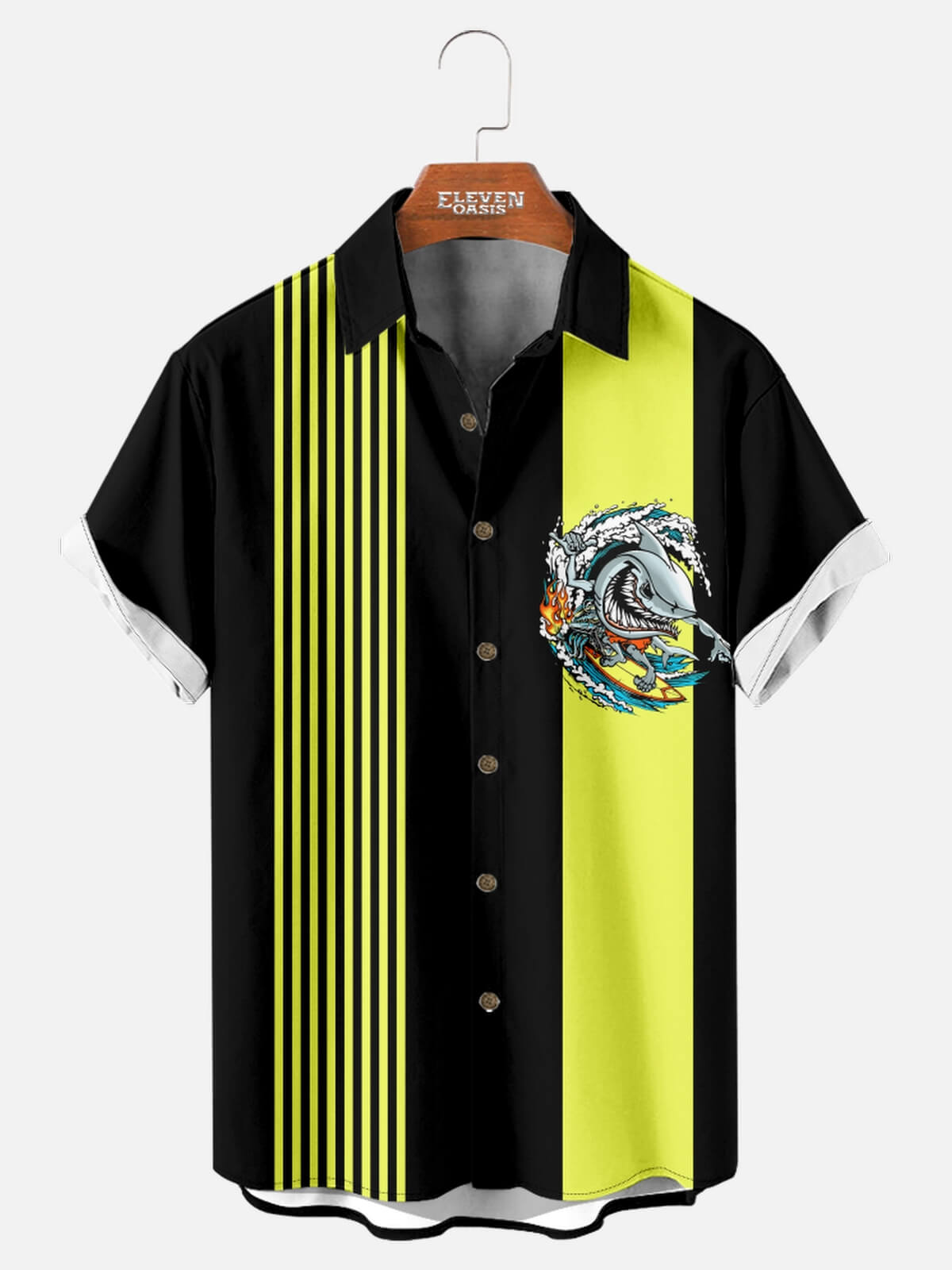 Men's Surfing Shark Stripe Bowling Shirt Eleven Oasis
