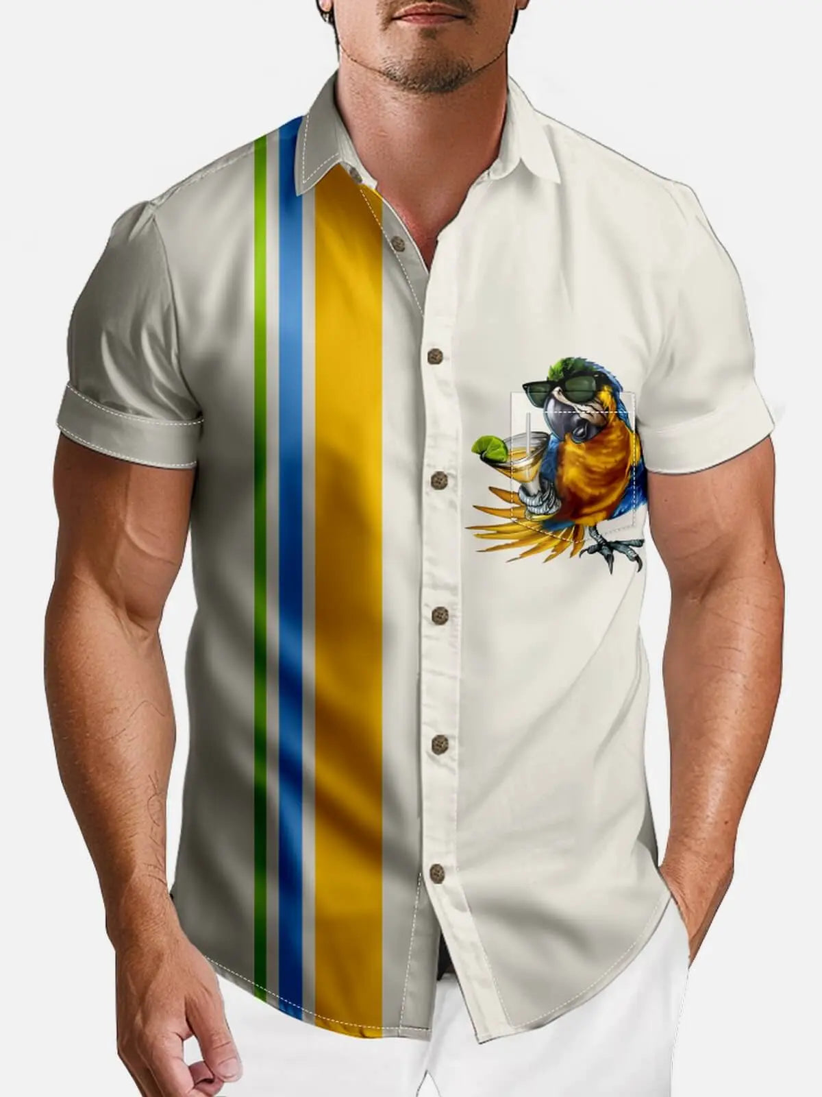 Tall Men's Party Parrot Stripe Bowling Shirt Eleven Oasis