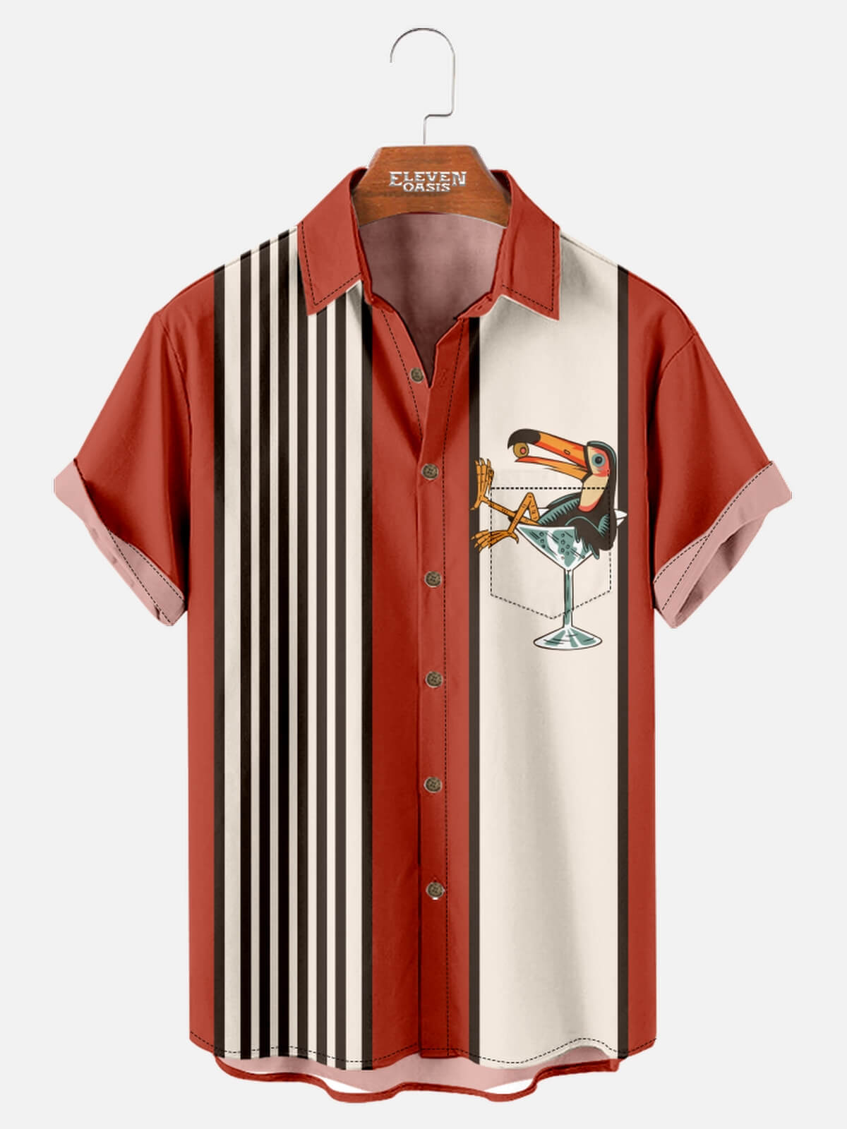 Men's Striped Everyday with Toucan in a Cocktail Glass Short Sleeve Casual Shirt ElevenOasis