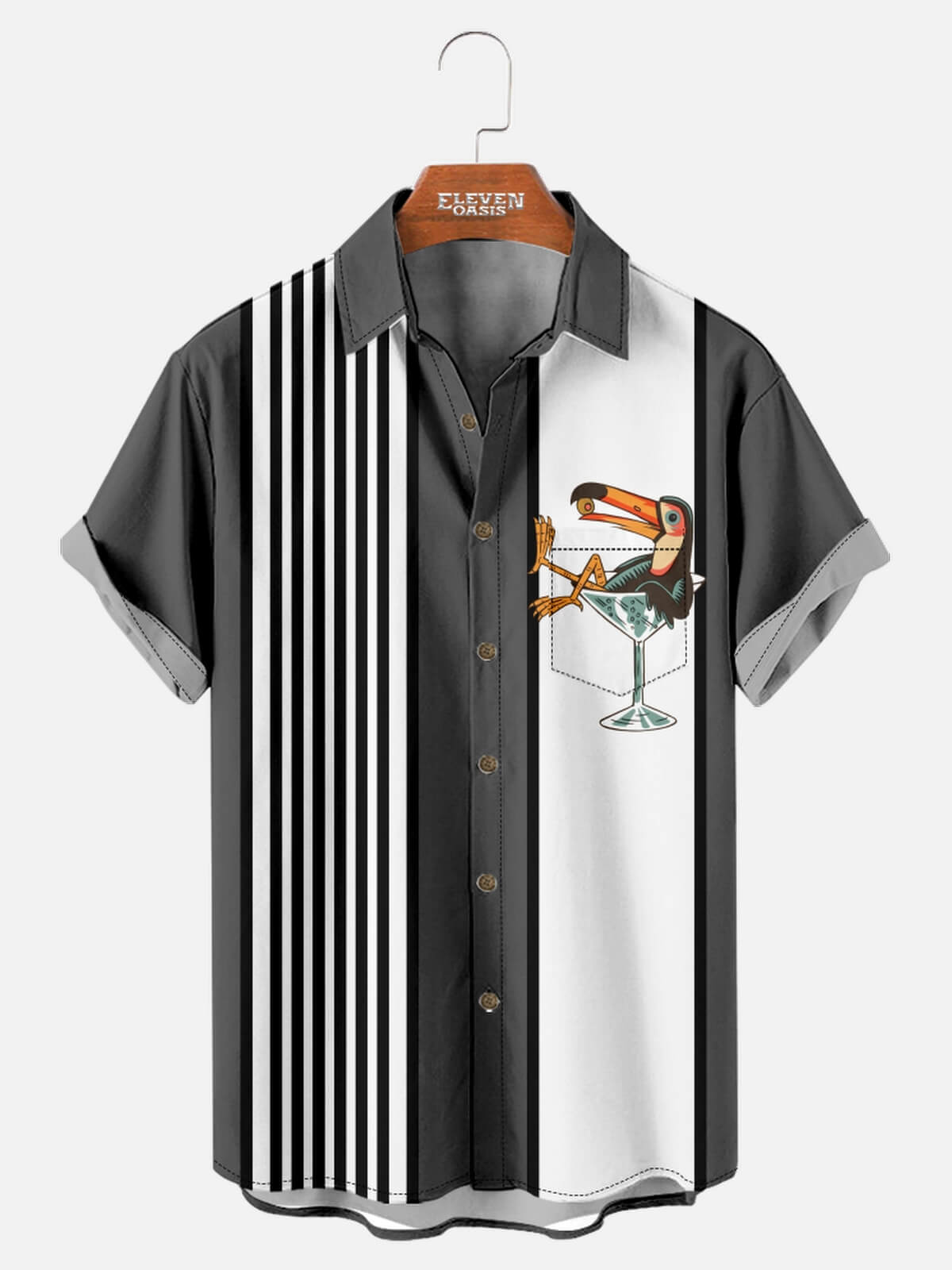 Men's Striped Everyday with Toucan in a Cocktail Glass Short Sleeve Casual Shirt ElevenOasis