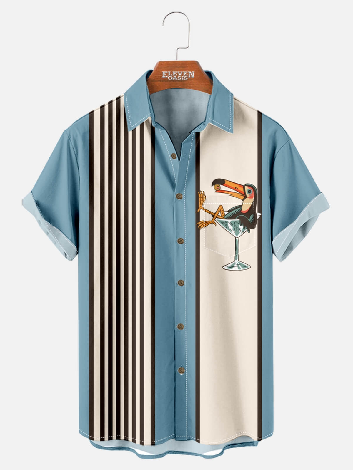 Men's Striped Everyday with Toucan in a Cocktail Glass Short Sleeve Casual Shirt ElevenOasis