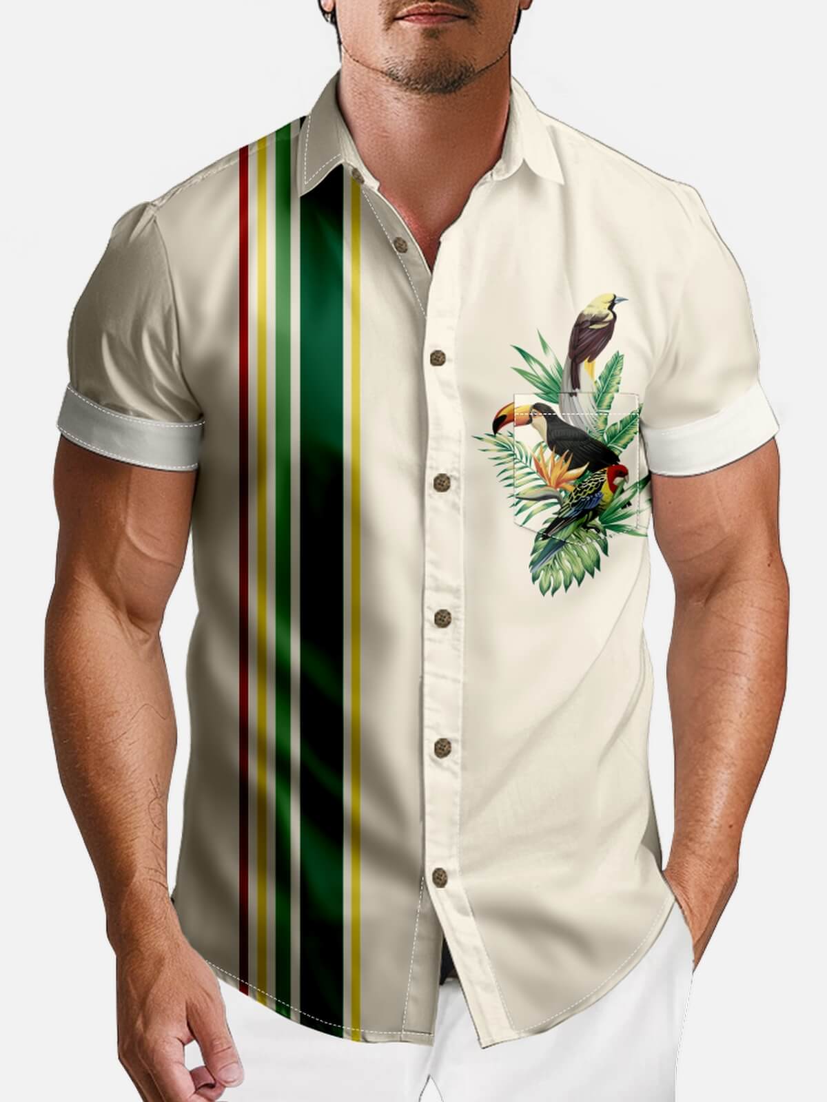 Tall Men's Tropical Toucan Stripe Short Sleeve Shirt Eleven Oasis