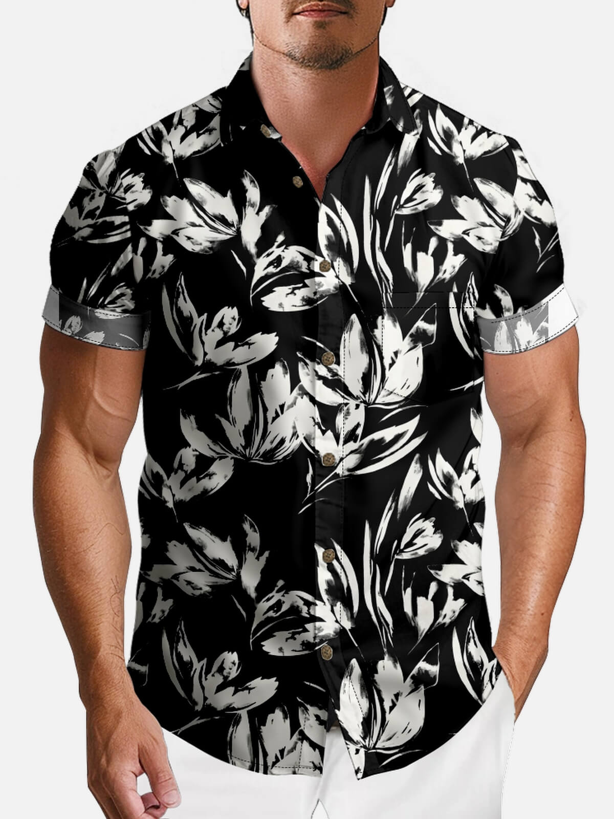Tall Men's Monochrome Floral Pattern Short Sleeve Shirt Eleven Oasis