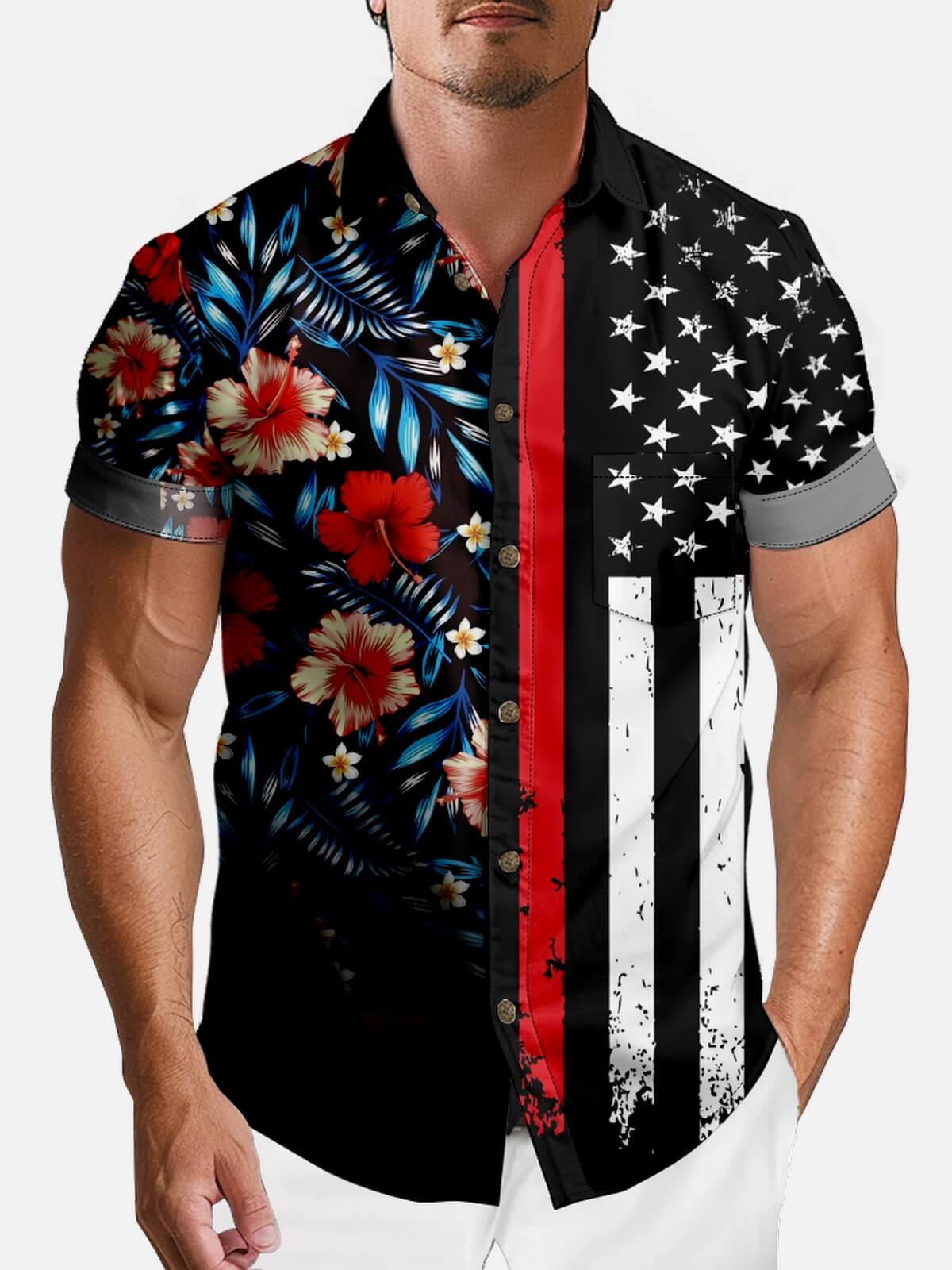 Tall Men's Split Hawaiian Flag Short Sleeve Shirt Eleven Oasis