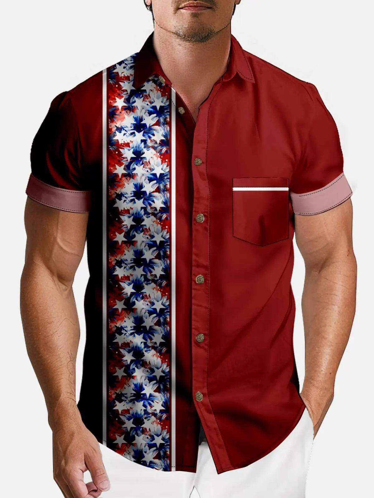 Men's Patriotic Floral Panel Short Sleeve Shirt Eleven Oasis