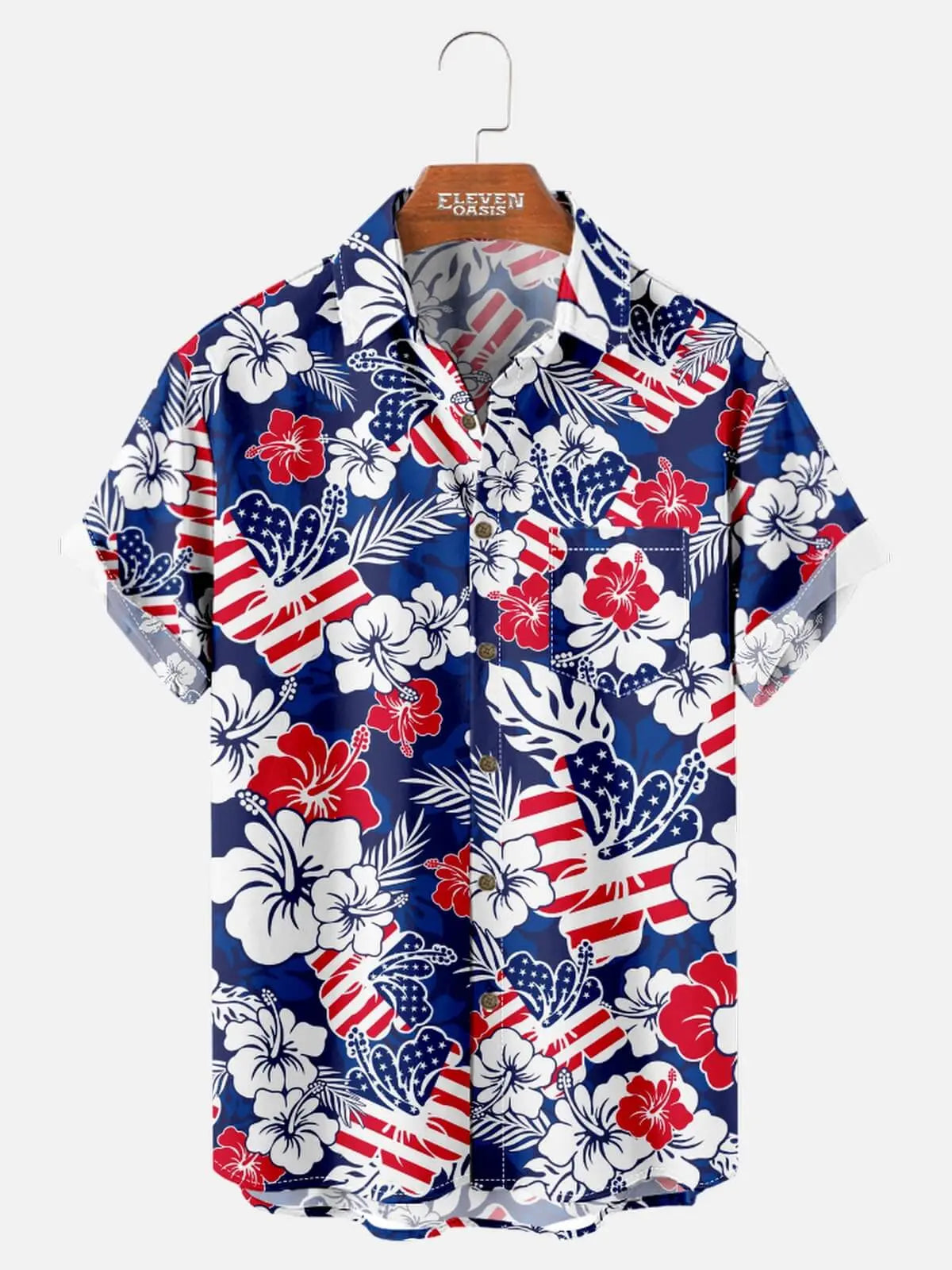 Men's Patriotic Hawaiian Floral Short Sleeve Shirt, Blue / S / Linen-Feel