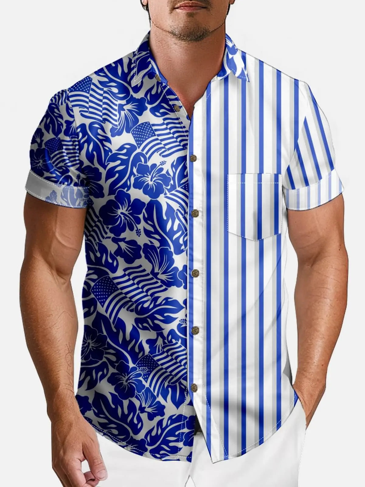 Tall Men's Split Hawaiian Stripe Short Sleeve Shirt Eleven Oasis