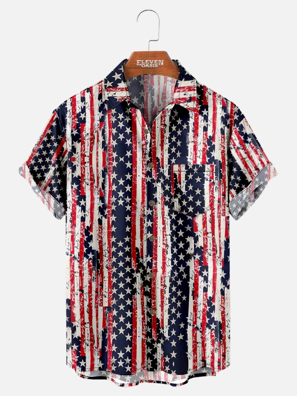 Tall Men's Distressed Stars & Stripes Hawaiian Short Sleeve Shirt Eleven Oasis