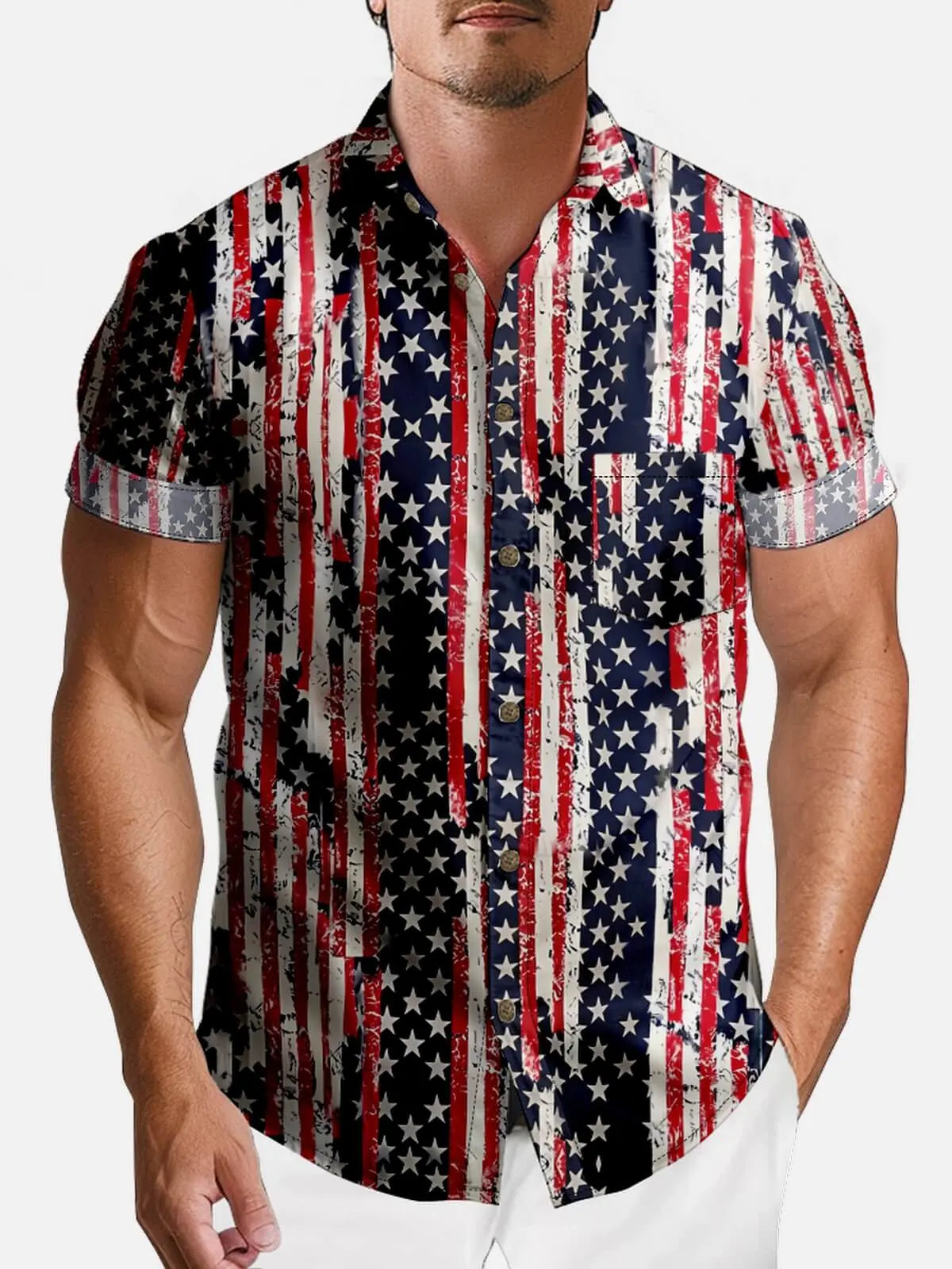 Men's Distressed Stars & Stripes Hawaiian Short Sleeve Shirt Eleven Oasis