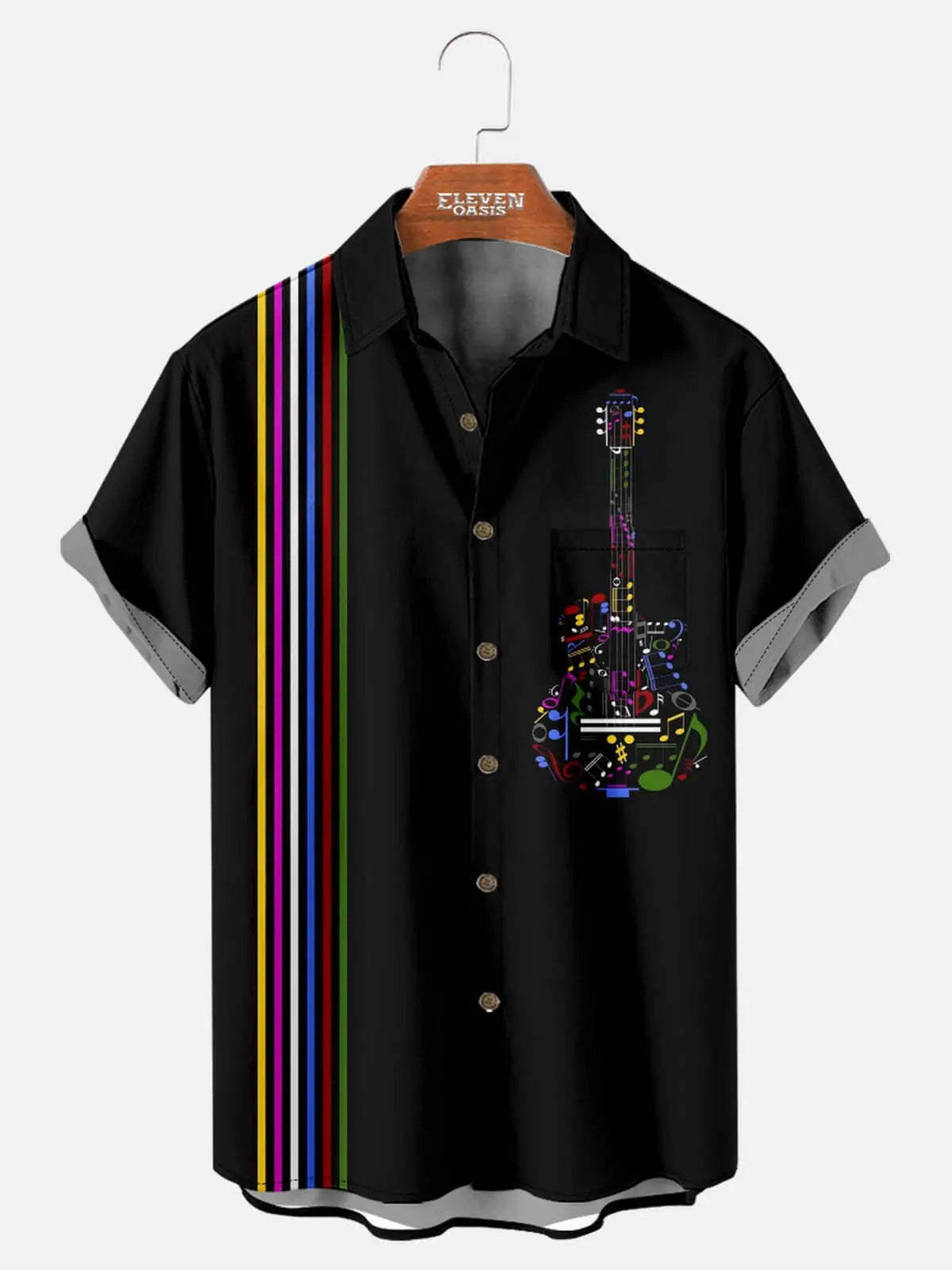 Tall Men's Colorful Guitar and Music Notes Short Sleeve Shirt Eleven Oasis