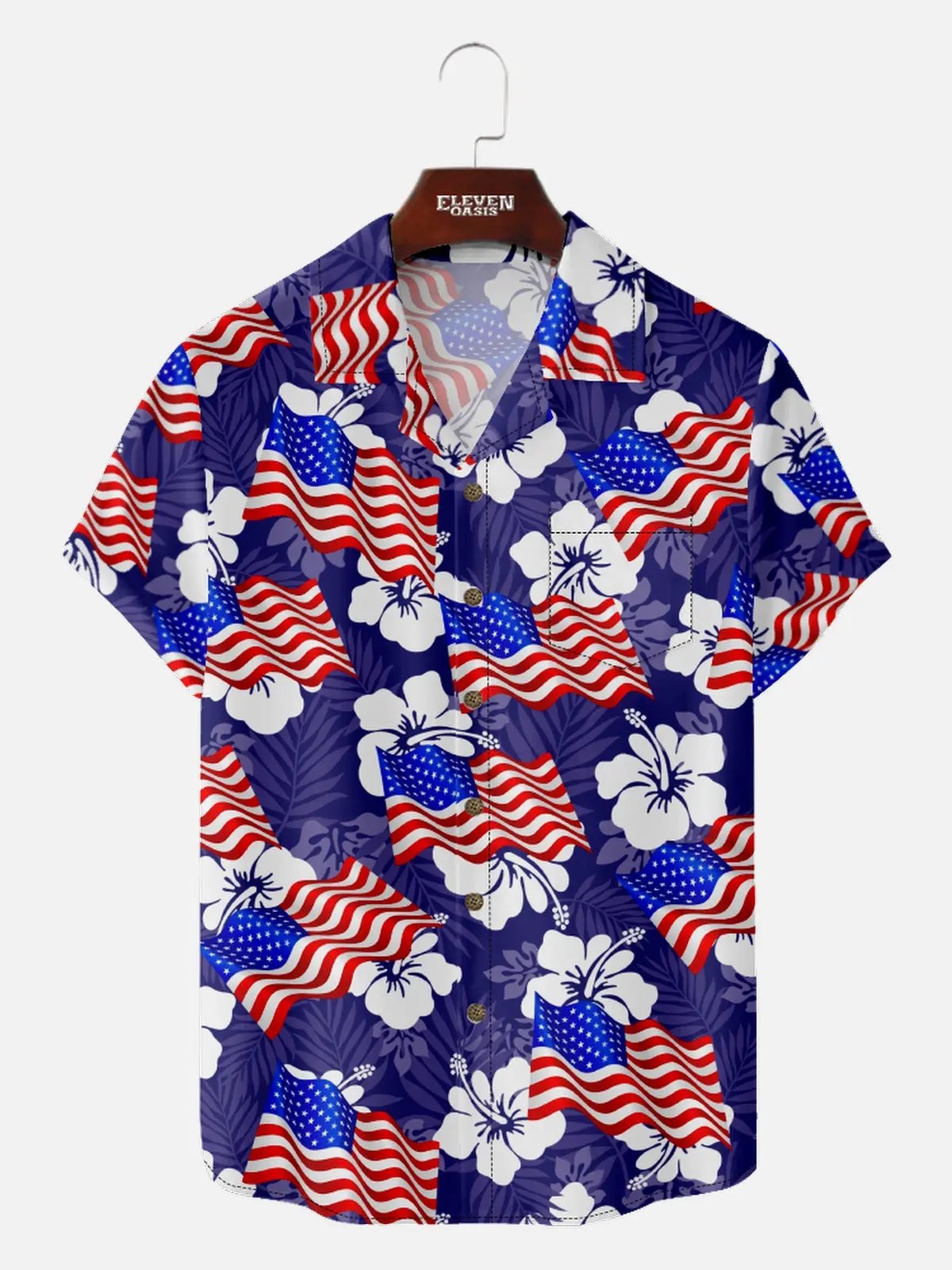 Men's Patriotic American Flag Hibiscus Hawaiian Short Sleeve Shirt Eleven Oasis