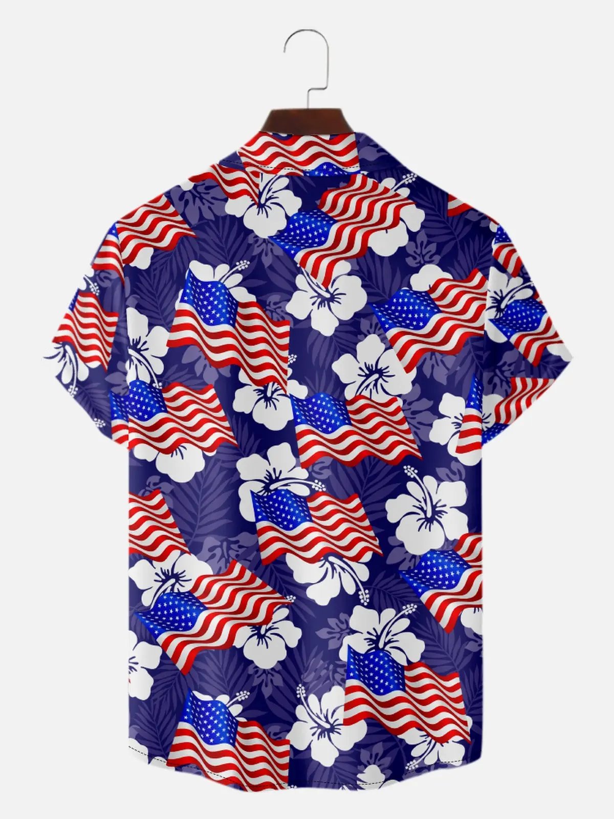 Men's Patriotic American Flag Hibiscus Hawaiian Short Sleeve Shirt Eleven Oasis