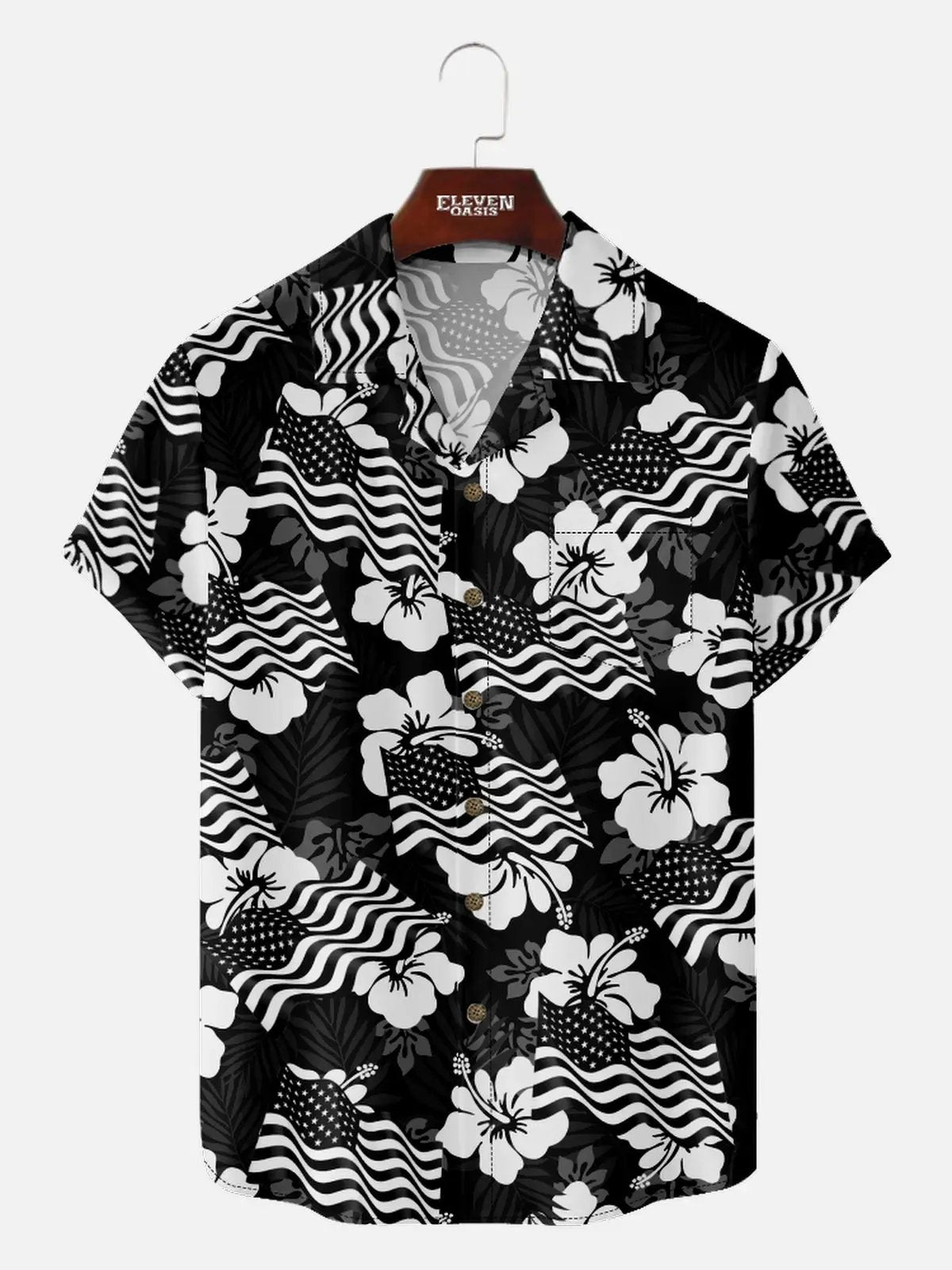 Men's Patriotic American Flag Hibiscus Hawaiian Short Sleeve Shirt Eleven Oasis