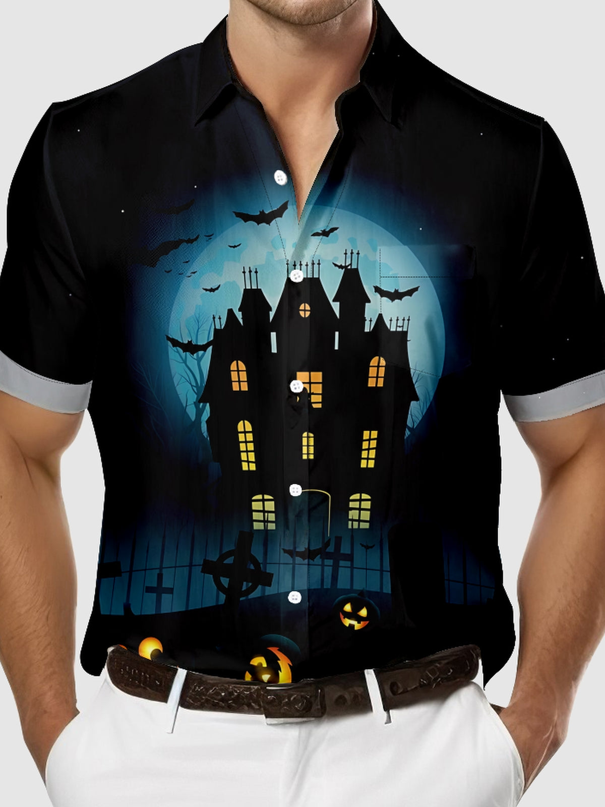 Tall Men's Haunted House Halloween Short Sleeve Shirt Eleven Oasis