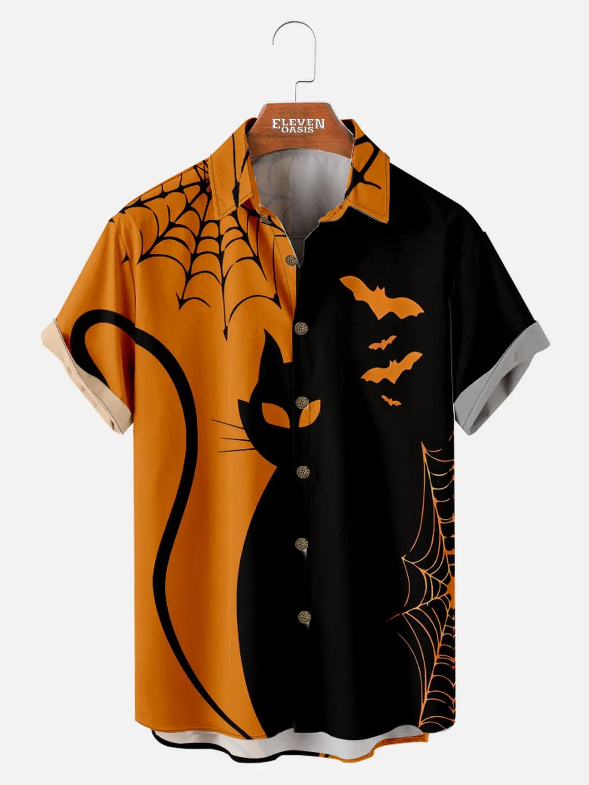 Men's Black Cat and Bats Short Sleeve Shirt Eleven Oasis