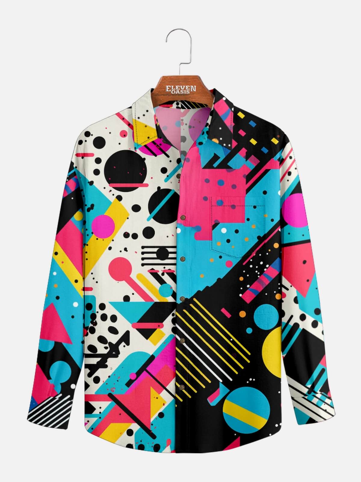 Men's Trapper Keeper Inspired Colorful Geometric Shapes Long Sleeve Shirt Eleven Oasis