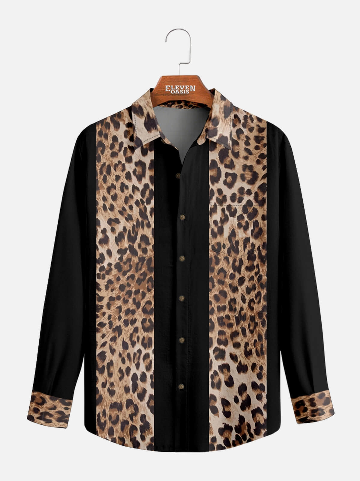 Men's Leopard Print Panel Bowling Long Sleeve Shirt ElevenOasis