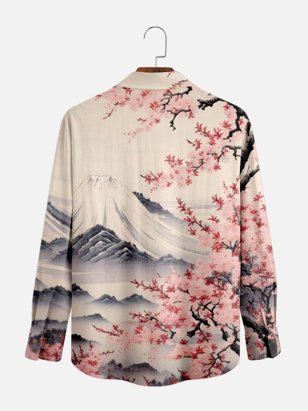 Men's Japan-Inspired Mt Fuji and Cherry Blossoms Long Sleeve Casual Shirt Eleven Oasis