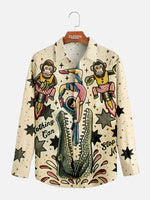 Men's Vintage Circus Print with Crocodile and Monkey Long Sleeve Shirt Eleven Oasis