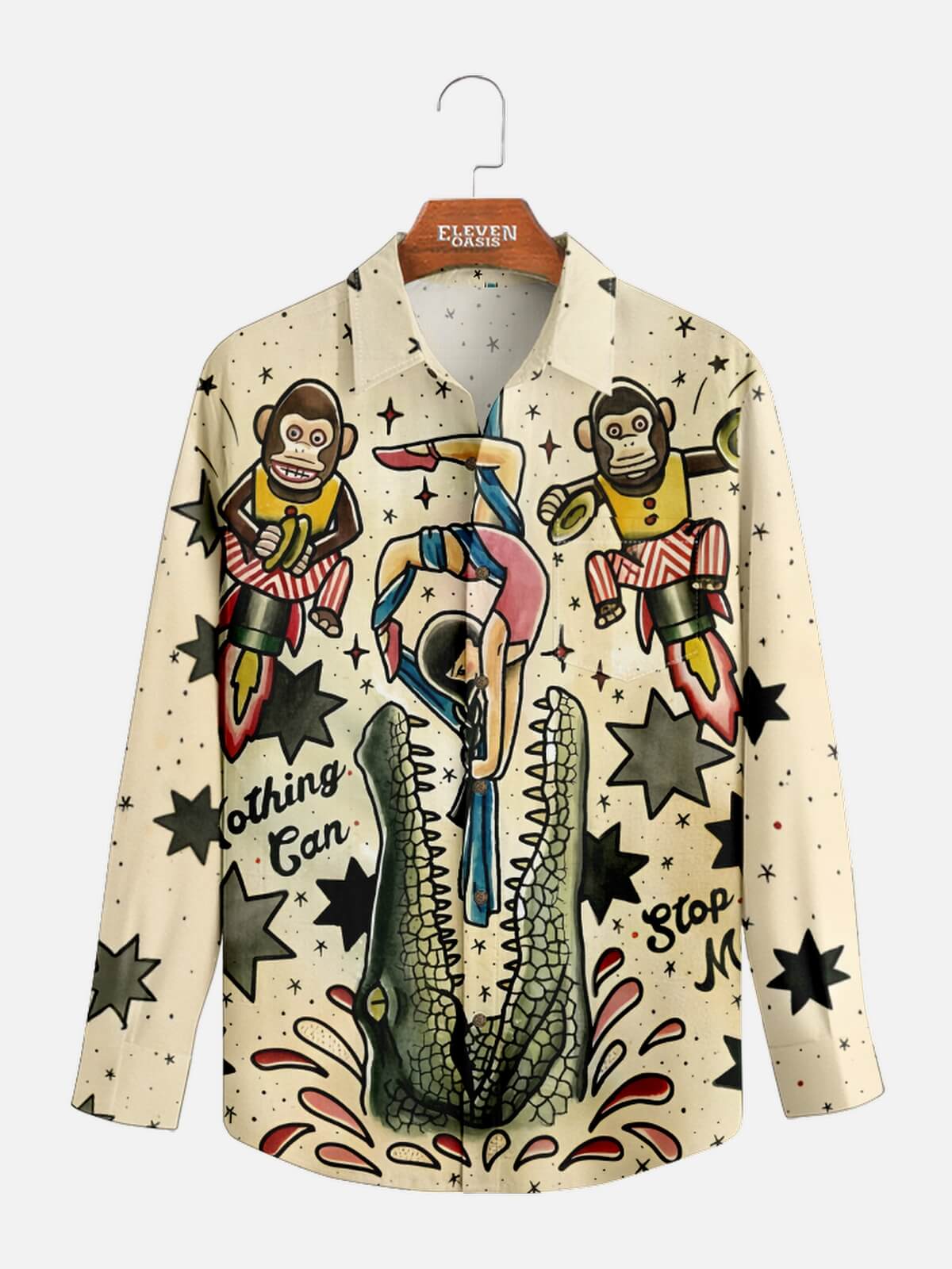 Men's Vintage Circus Print with Crocodile and Monkey Long Sleeve Shirt Eleven Oasis