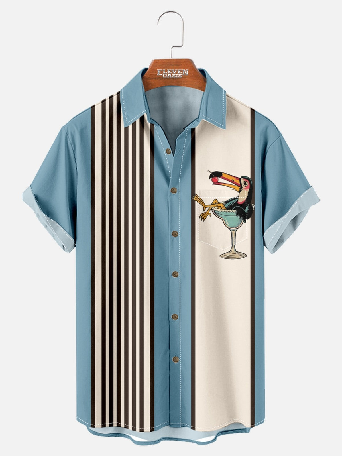 Men's Striped Everyday with Toucan in a Cocktail Glass Short Sleeve Casual Shirt ElevenOasis