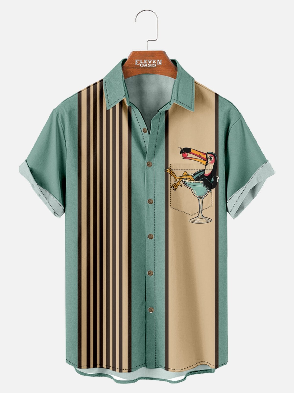 Men's Striped Everyday with Toucan in a Cocktail Glass Short Sleeve Casual Shirt ElevenOasis