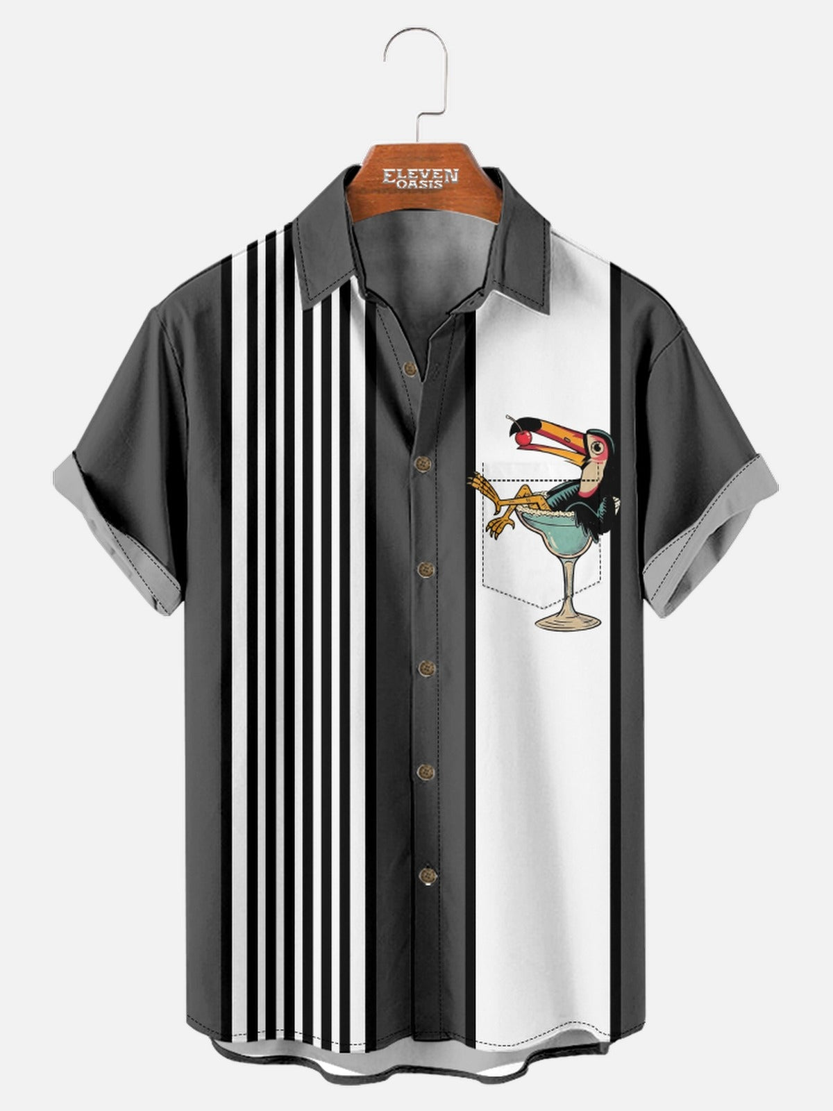 Men's Striped Everyday with Toucan in a Cocktail Glass Short Sleeve Casual Shirt ElevenOasis