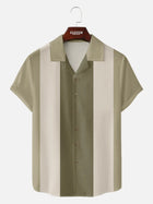 Men's Morandi Color block Panel Stripe Camp Collar Short Sleeve Shirt