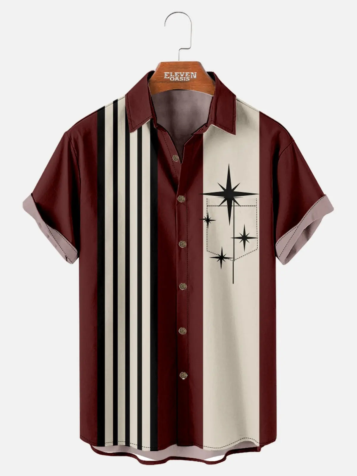 Tall Men's Striped with Space-Age Stars Casual Short Sleeve Shirt ElevenOasis