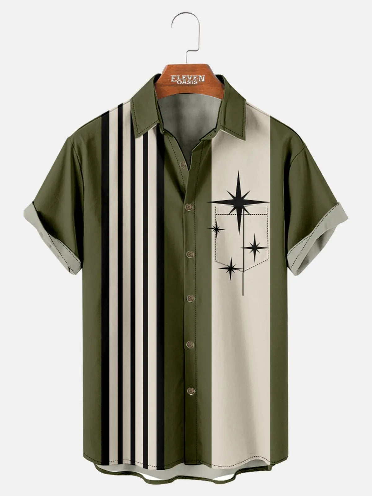 Tall Men's Striped with Space-Age Stars Casual Short Sleeve Shirt ElevenOasis