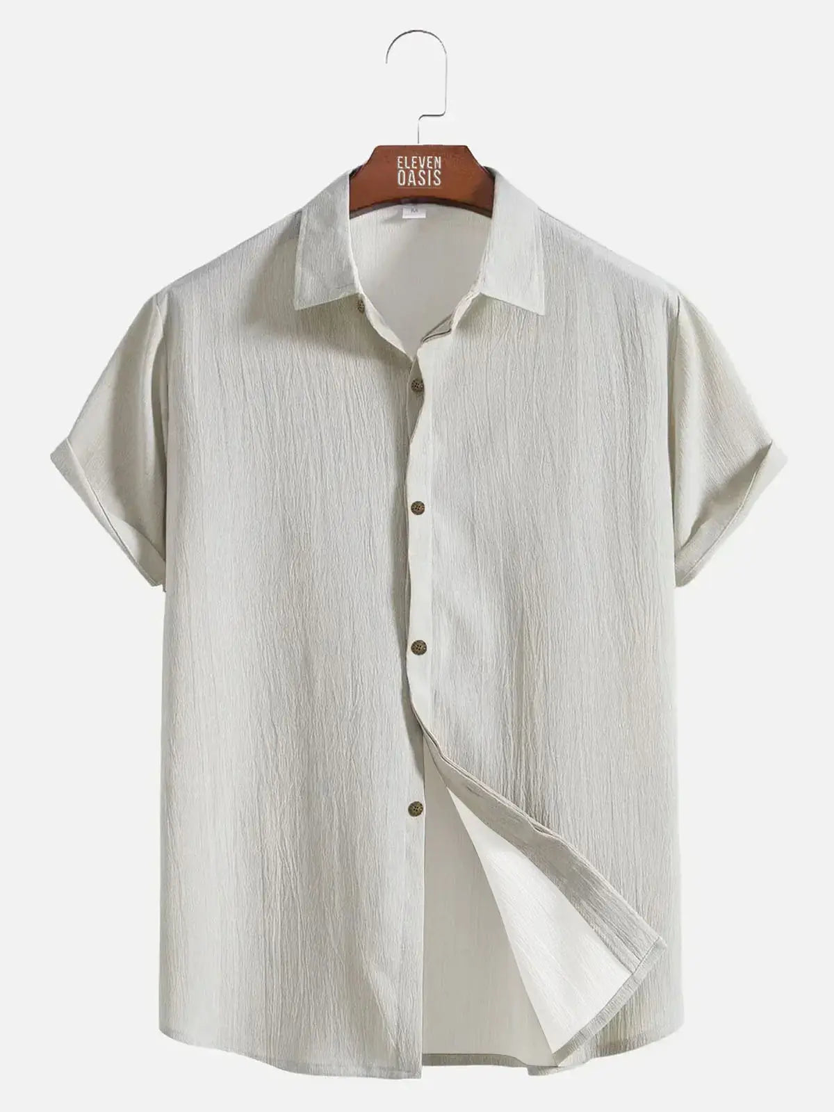 Men's Casual Linen-Feel Loose Printed Solid Color Button Short Sleeve Shirt ElevenOasis