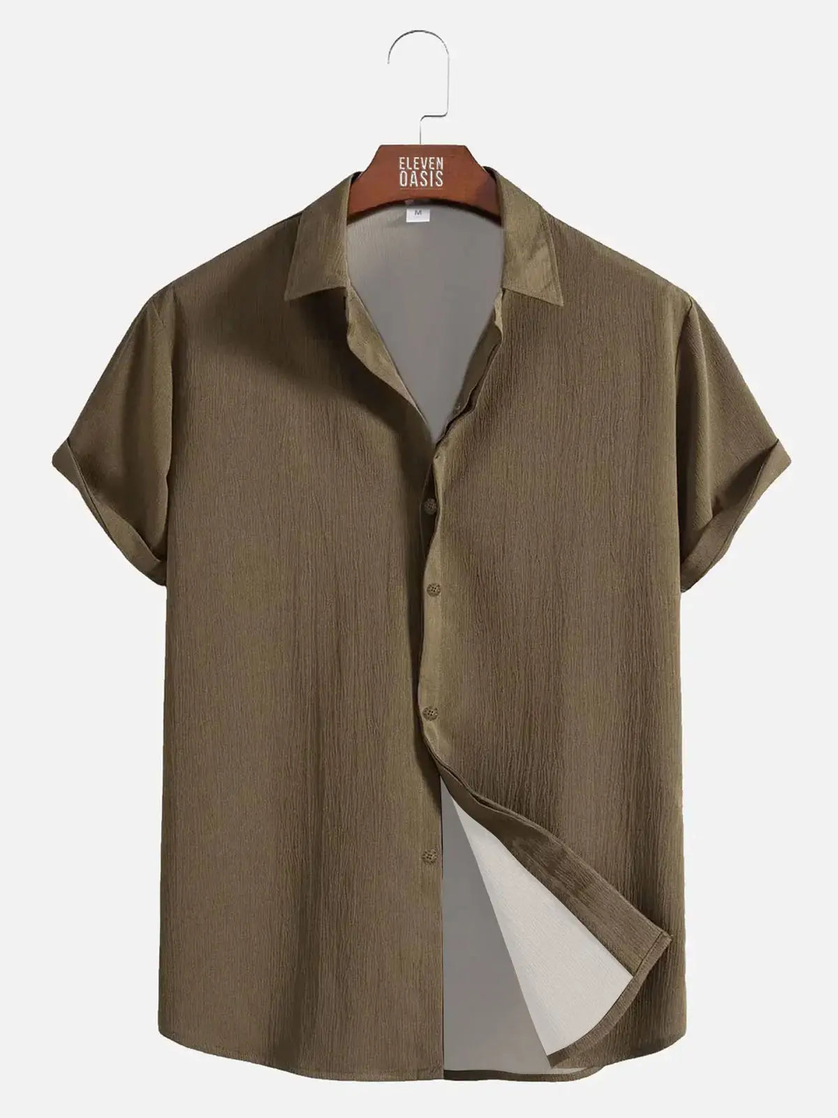 Men's Casual Linen-Feel Loose Printed Solid Color Button Short Sleeve Shirt ElevenOasis