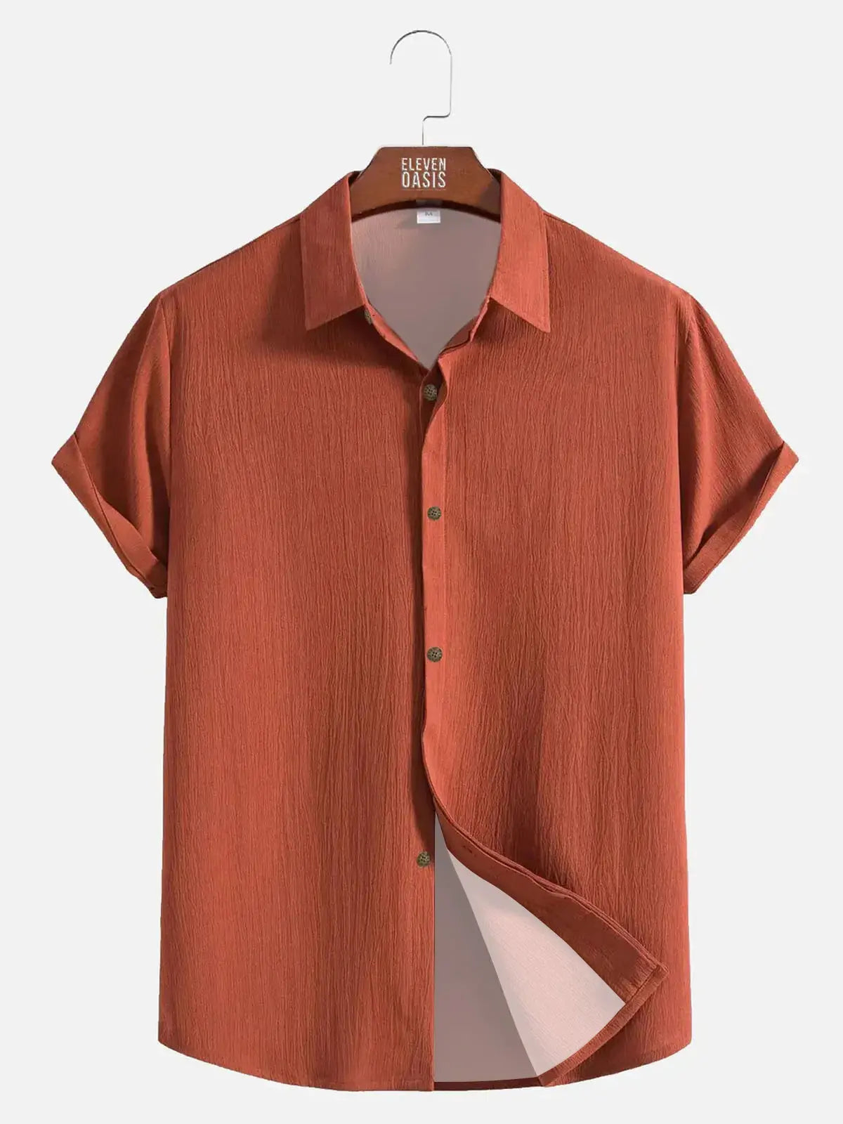 Men's Casual Linen-Feel Loose Printed Solid Color Button Short Sleeve Shirt ElevenOasis