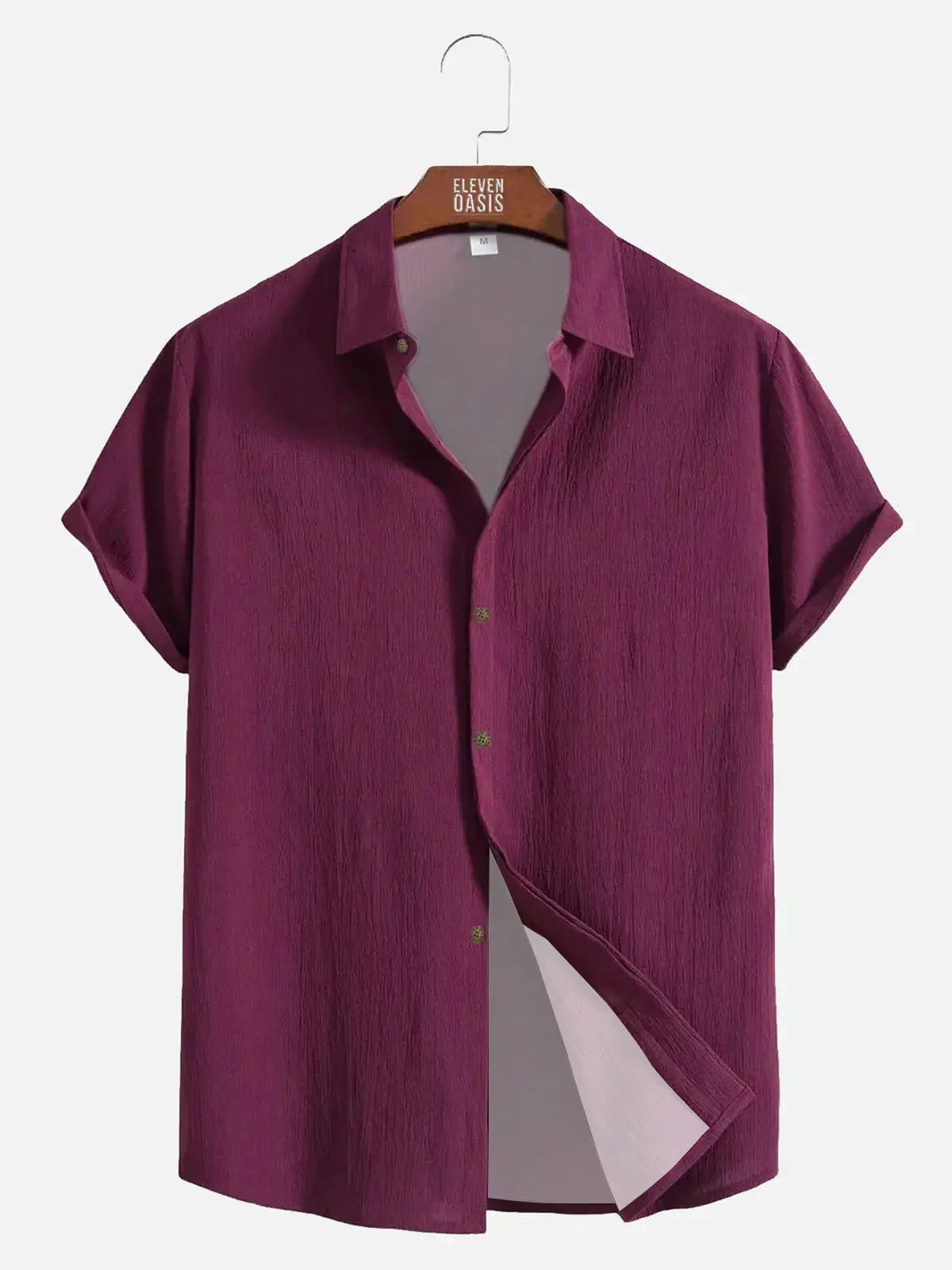 Men's Casual Linen-Feel Loose Printed Solid Color Button Short Sleeve Shirt ElevenOasis