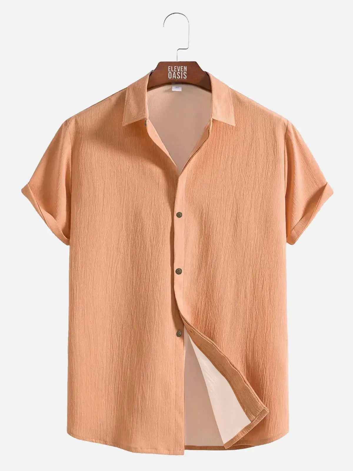 Men's Casual Linen-Feel Loose Printed Solid Color Button Short Sleeve Shirt ElevenOasis