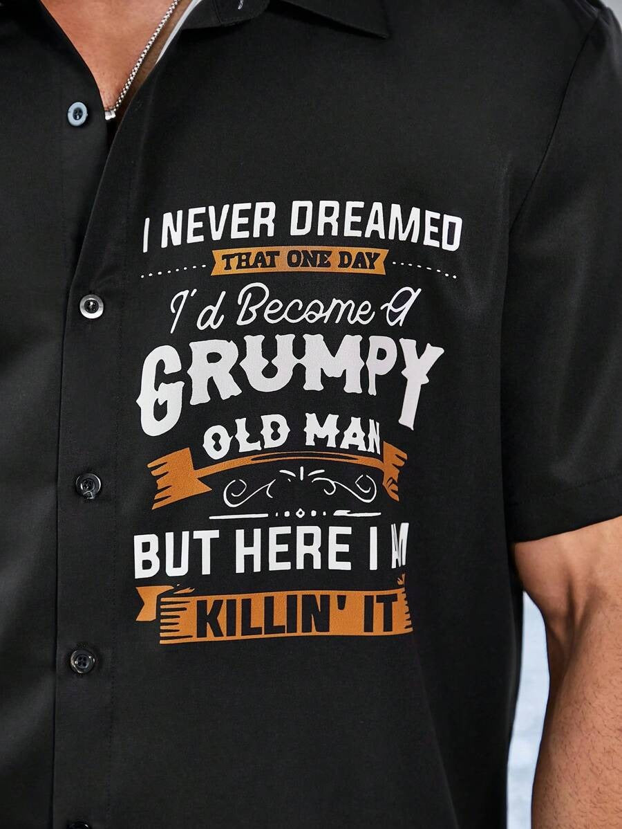 Manfinity Homme Men Plus Size Simple Printed Color Block Short Sleeve Shirt Slim Fit Button Up Collar Letter Going Out Casual Shirt