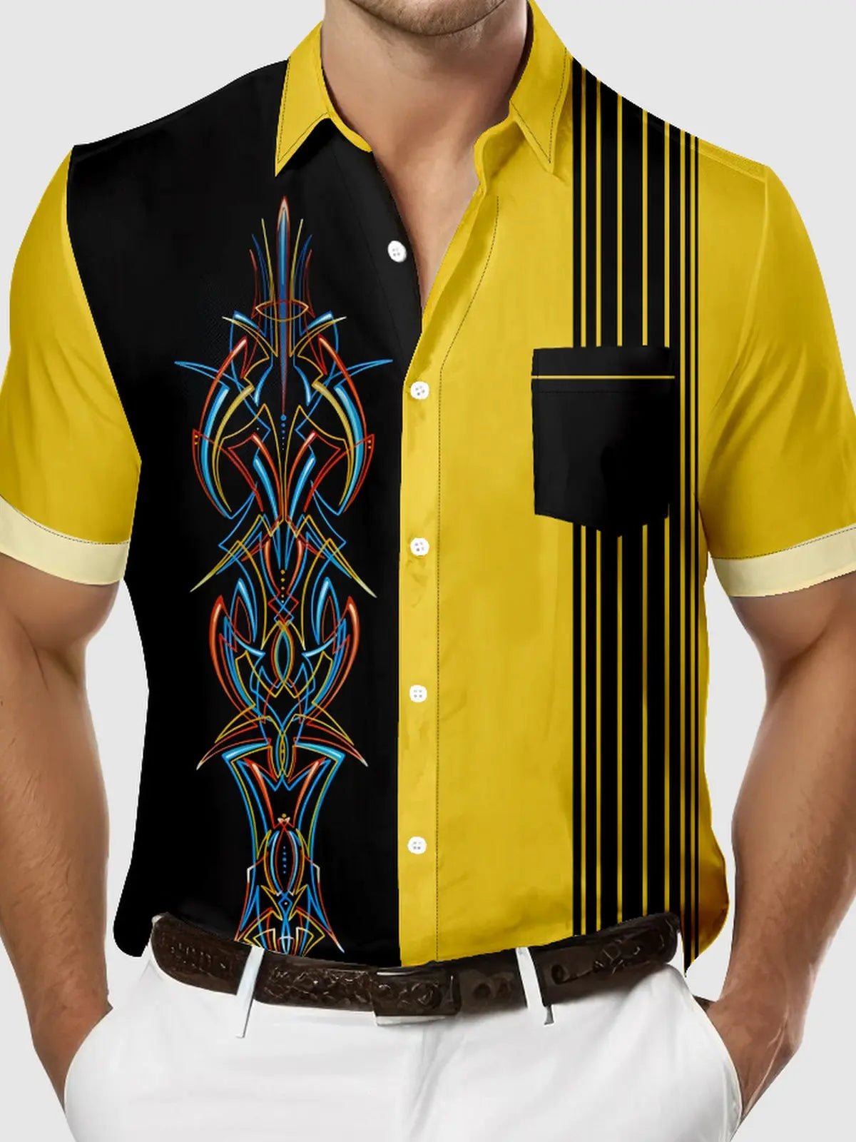 Men's Classic Hot Rod Pinstripe Panel Short Sleeve Shirt Eleven Oasis