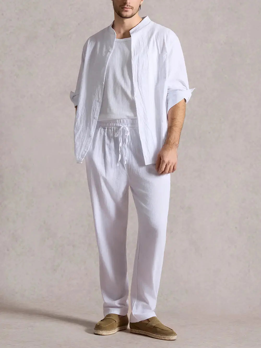 Men's Solid Color Linen Long Sleeve Elastic Waist Wide Leg Set Vacation Slow Living Linen Ensemble ElevenOasis