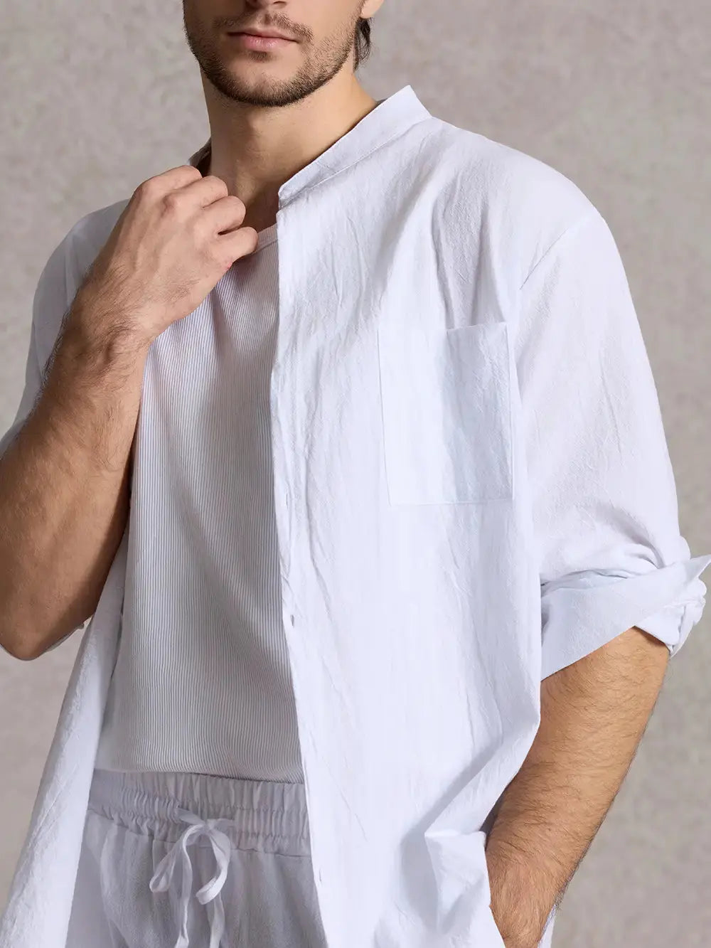 Men's Solid Color Linen Long Sleeve Elastic Waist Wide Leg Set Vacation Slow Living Linen Ensemble ElevenOasis