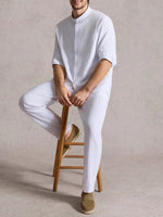 Men's Solid Color Linen Long Sleeve Elastic Waist Wide Leg Set Vacation Slow Living Linen Ensemble ElevenOasis