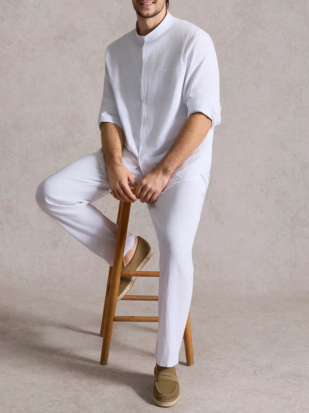 Men's Solid Color Linen Long Sleeve Elastic Waist Wide Leg Set Vacation Slow Living Linen Ensemble ElevenOasis