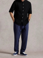 Men's Linen Blend Band Collar Long Sleeve Shirt ElevenOasis