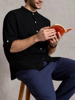 Men's Linen Blend Band Collar Long Sleeve Shirt ElevenOasis