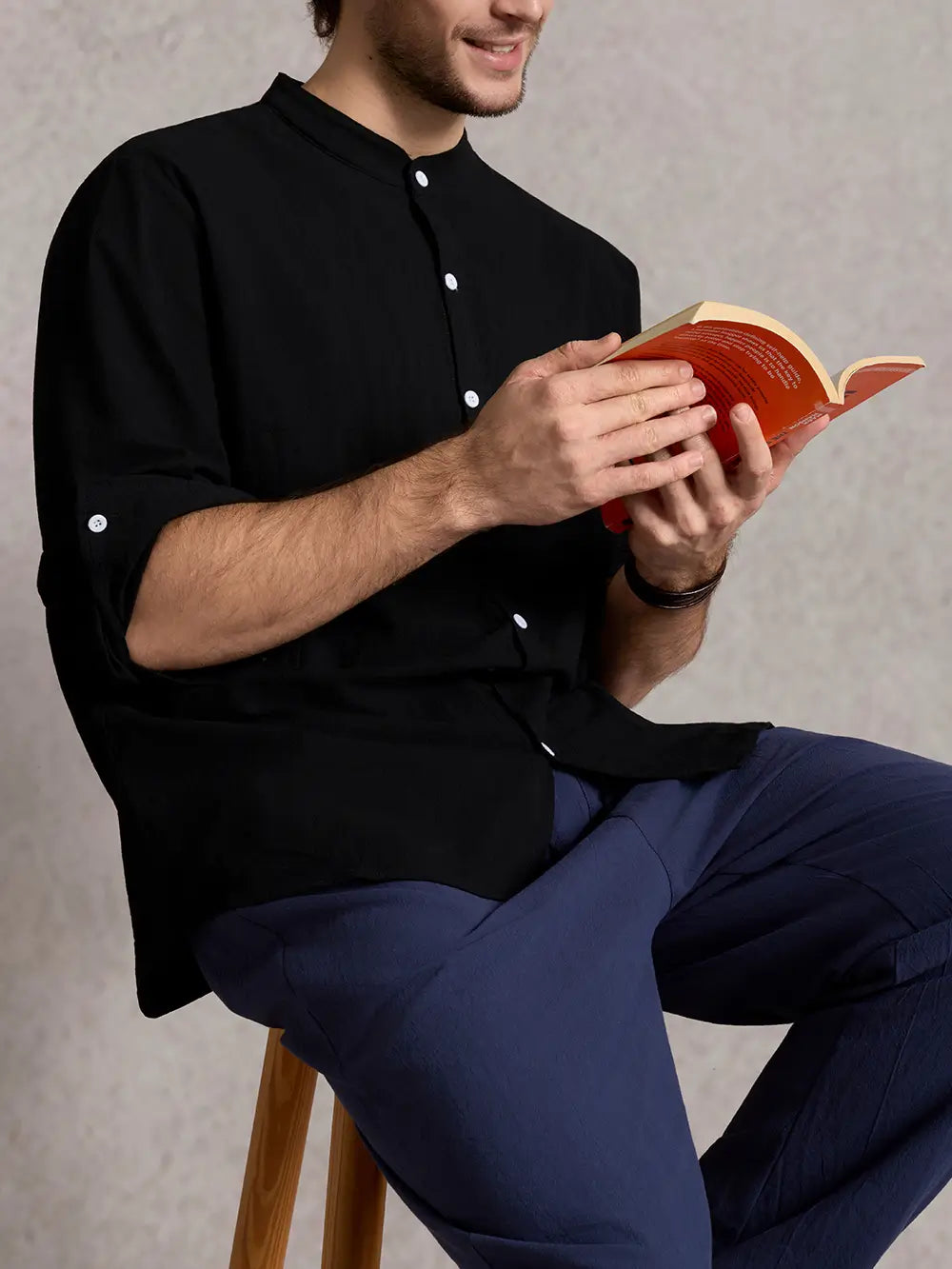 Men's Linen Blend Band Collar Long Sleeve Shirt ElevenOasis