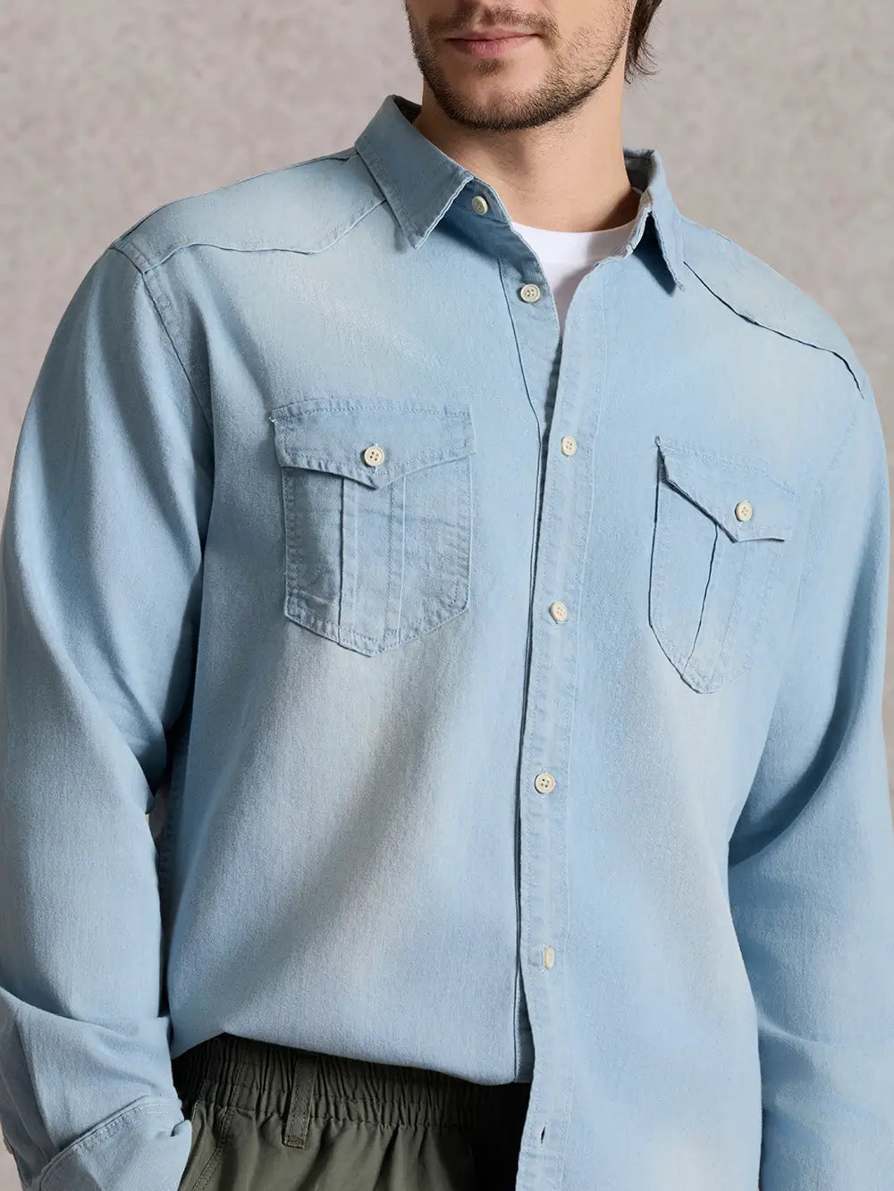 Men's Classic Denim Western Long Sleeve Shirt ElevenOasis