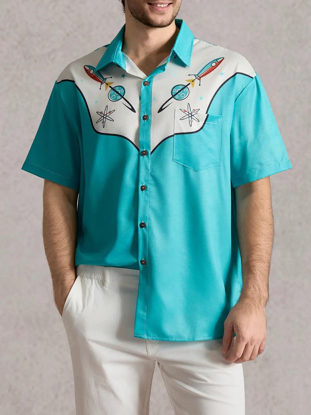 Men's Cowboy Western Spaceship Short Sleeve Shirt ElevenOasis