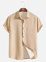Men's Casual Linen-Feel Loose Printed Solid Color Button Short Sleeve Shirt ElevenOasis