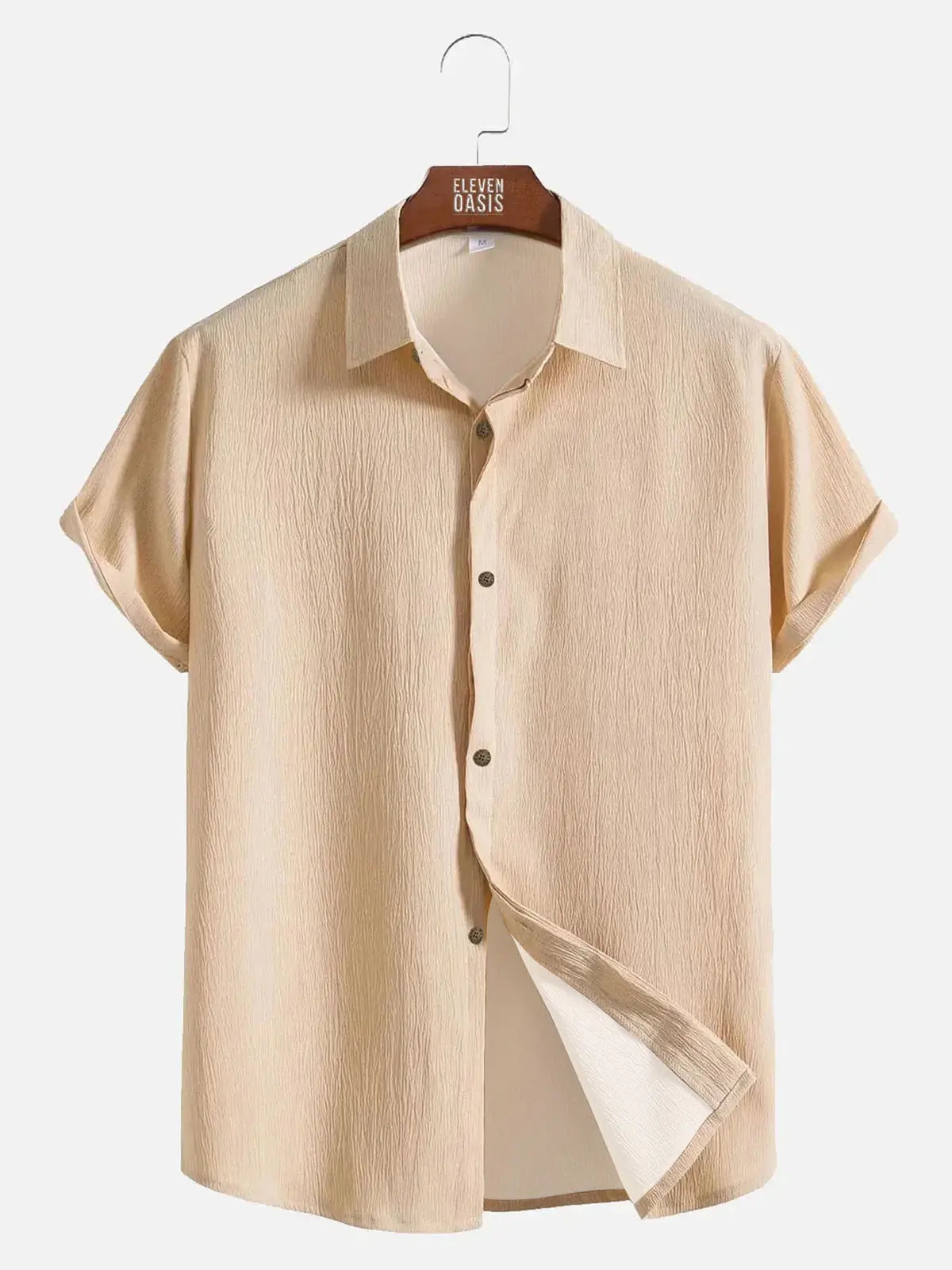 Men's Casual Linen-Feel Loose Printed Solid Color Button Short Sleeve Shirt ElevenOasis
